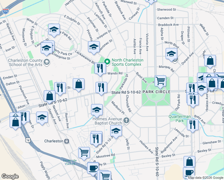 map of restaurants, bars, coffee shops, grocery stores, and more near 4801 Boulevard Lane in North Charleston