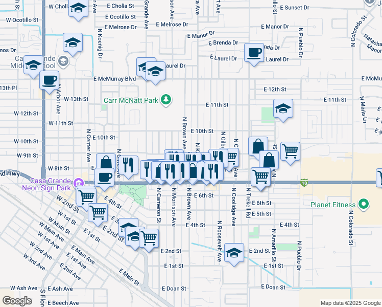 map of restaurants, bars, coffee shops, grocery stores, and more near 815 North Brown Avenue in Casa Grande