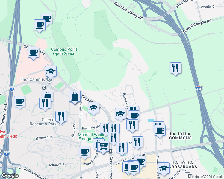 map of restaurants, bars, coffee shops, grocery stores, and more near 4326 Caminito Del Zafiro in San Diego