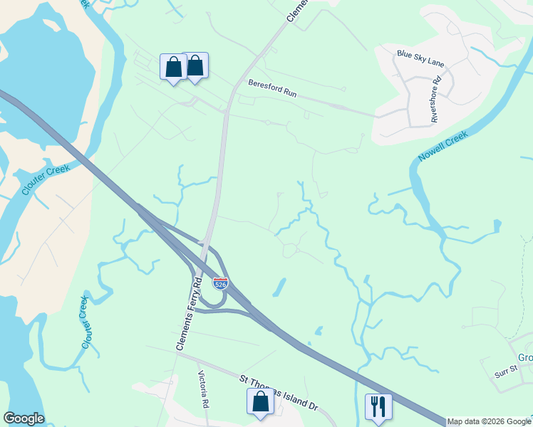 map of restaurants, bars, coffee shops, grocery stores, and more near 1 Forrest Drive in Charleston