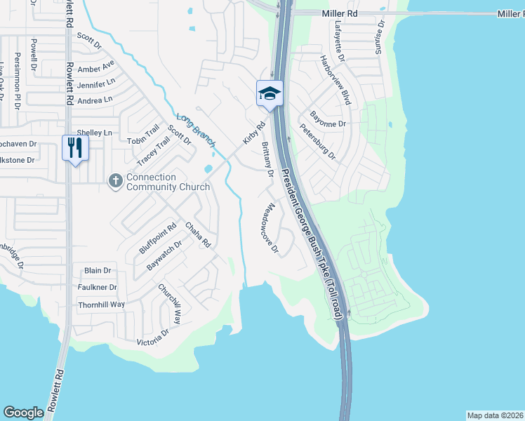 map of restaurants, bars, coffee shops, grocery stores, and more near 4401 Meadowcove Drive in Rowlett