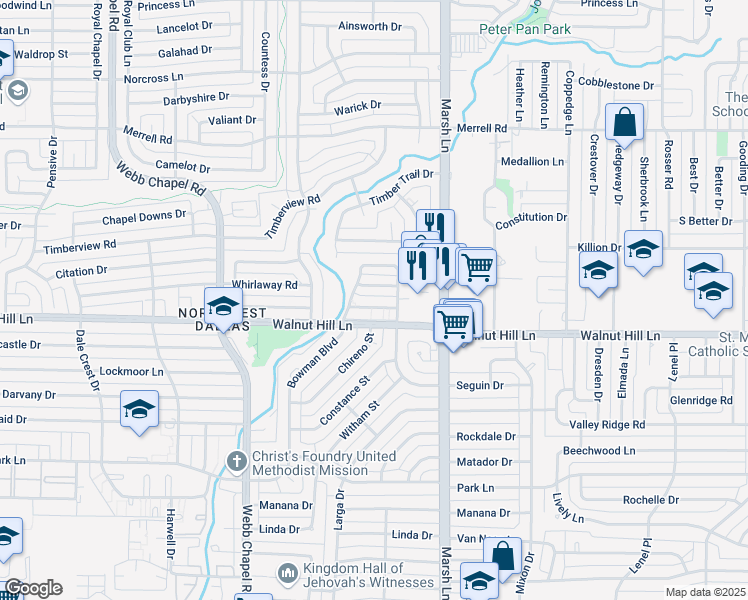 map of restaurants, bars, coffee shops, grocery stores, and more near 3631 Rickshaw Drive in Dallas