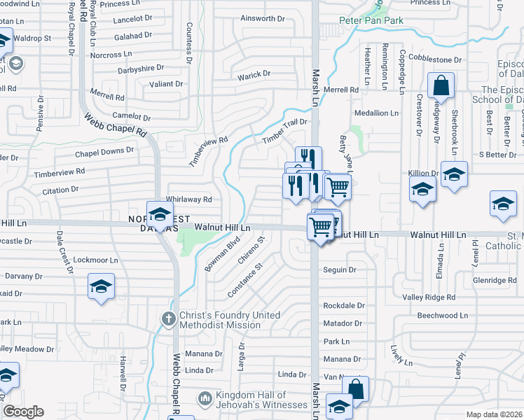 map of restaurants, bars, coffee shops, grocery stores, and more near 3631 Rickshaw Drive in Dallas
