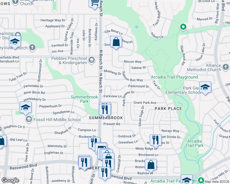 map of restaurants, bars, coffee shops, grocery stores, and more near 4628 Parkmount Drive in Fort Worth