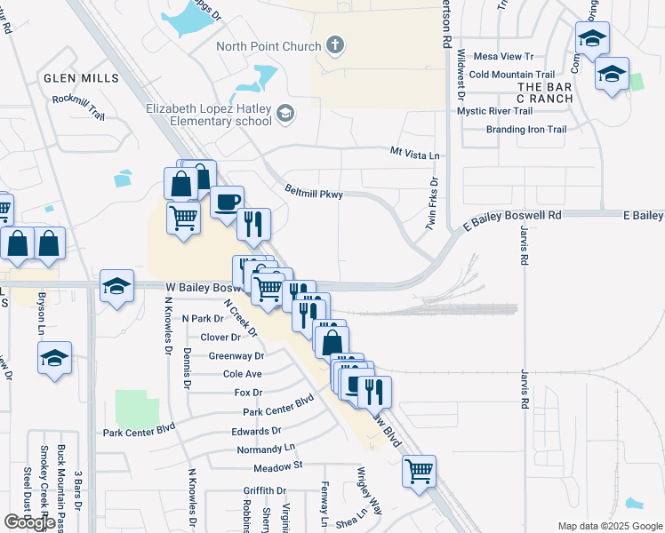 map of restaurants, bars, coffee shops, grocery stores, and more near 123-189 East Bailey Boswell Road in Saginaw