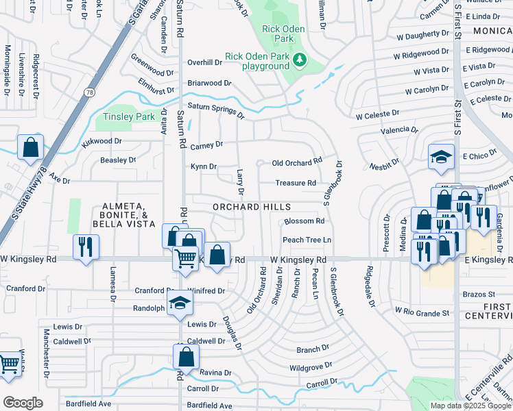 map of restaurants, bars, coffee shops, grocery stores, and more near 2901 Old Orchard Road in Garland