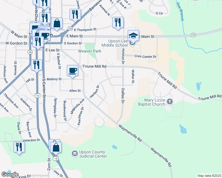 map of restaurants, bars, coffee shops, grocery stores, and more near 302 Garden Terrace in Thomaston
