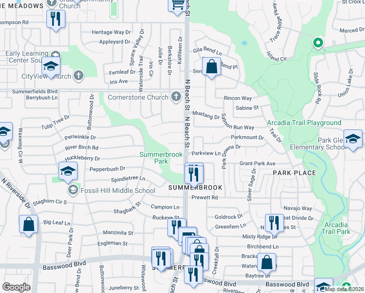 map of restaurants, bars, coffee shops, grocery stores, and more near 4420 Thrasher Ct in Fort Worth