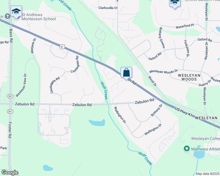 map of restaurants, bars, coffee shops, grocery stores, and more near 134 Wesleyan Way in Macon