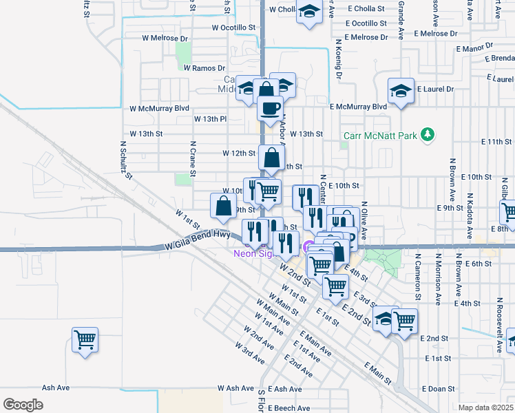 map of restaurants, bars, coffee shops, grocery stores, and more near 901 N Pinal Ave in Casa Grande