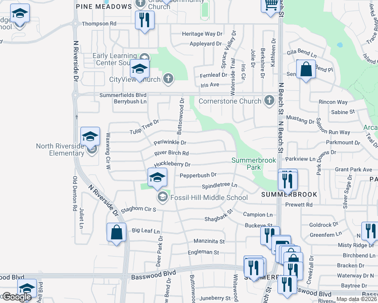 map of restaurants, bars, coffee shops, grocery stores, and more near 4117 River Birch Road in Fort Worth