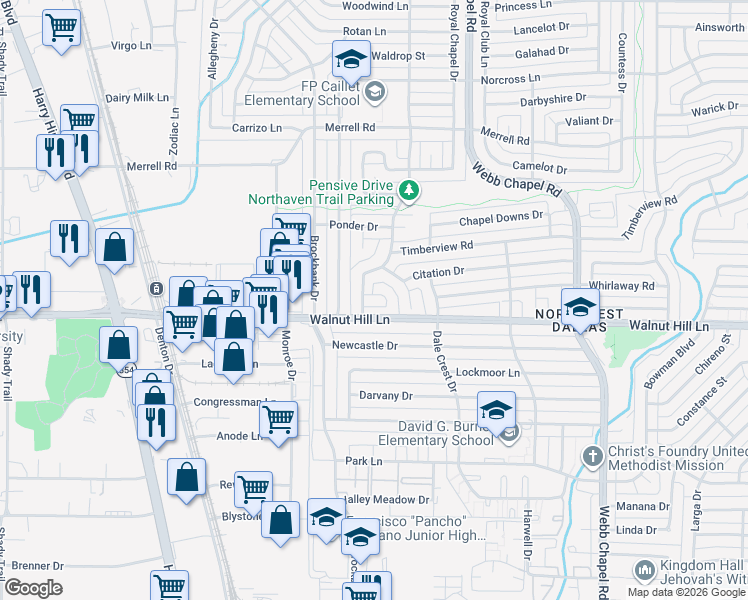 map of restaurants, bars, coffee shops, grocery stores, and more near 3010 Plaudit Place in Dallas