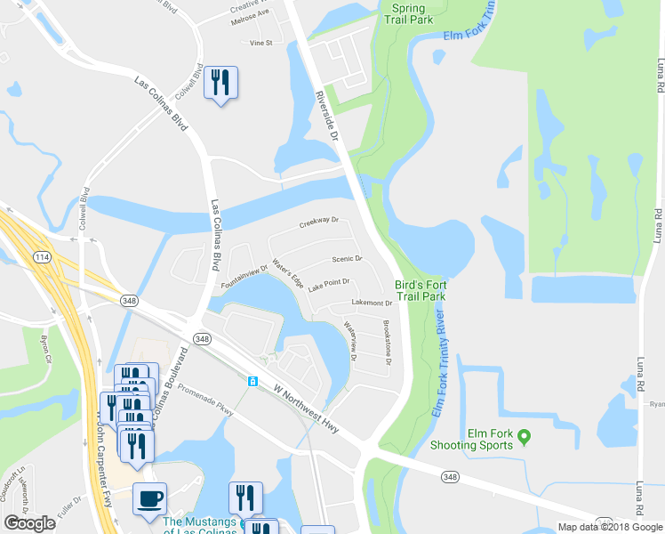 map of restaurants, bars, coffee shops, grocery stores, and more near 628 Scenic Drive in Irving
