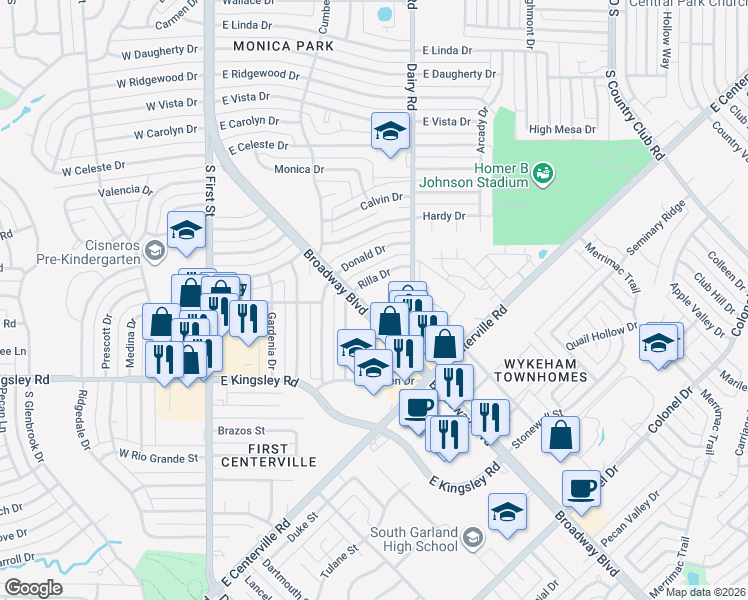 map of restaurants, bars, coffee shops, grocery stores, and more near 2910 Broadway Boulevard in Garland