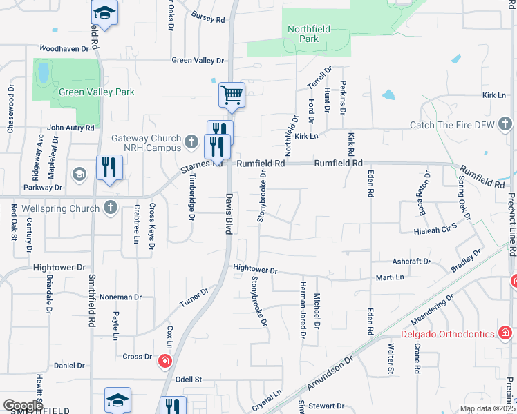 map of restaurants, bars, coffee shops, grocery stores, and more near 8417 Stonybrooke Court in Fort Worth