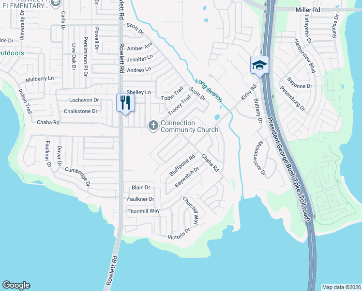 map of restaurants, bars, coffee shops, grocery stores, and more near 4201 Pointe Loma Drive in Rowlett