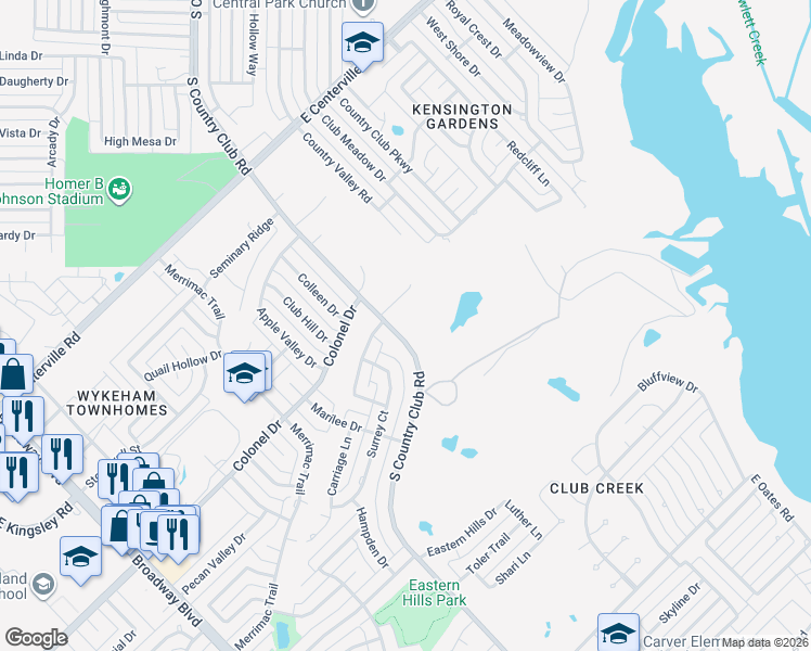 map of restaurants, bars, coffee shops, grocery stores, and more near 2901 South Country Club Road in Garland