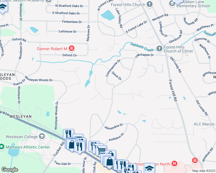 map of restaurants, bars, coffee shops, grocery stores, and more near 528 Commanche Drive in Macon