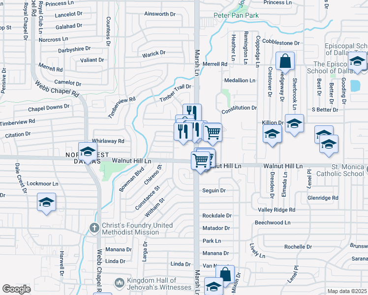 map of restaurants, bars, coffee shops, grocery stores, and more near 10031 Marsh Lane in Dallas