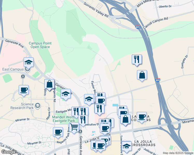 map of restaurants, bars, coffee shops, grocery stores, and more near 9647 Easter Way in San Diego