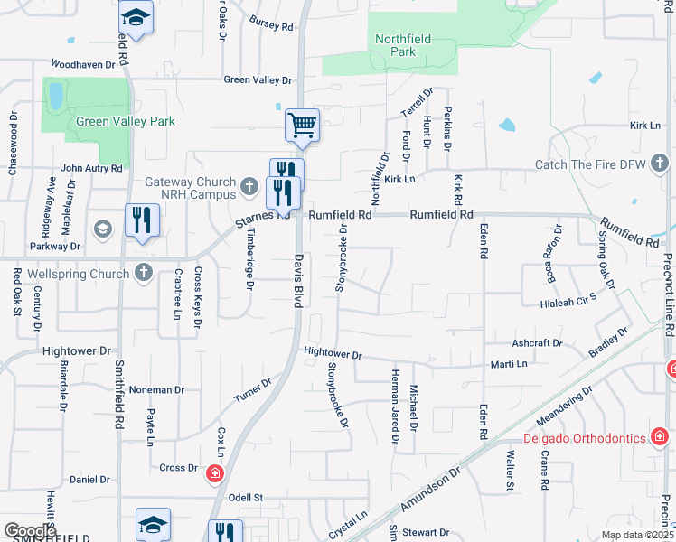 map of restaurants, bars, coffee shops, grocery stores, and more near 8417 Stonybrooke Court in Fort Worth