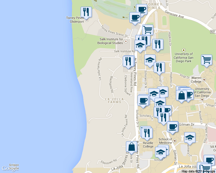 map of restaurants, bars, coffee shops, grocery stores, and more near 9651 Blackgold Road in San Diego