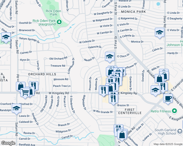 map of restaurants, bars, coffee shops, grocery stores, and more near 516 Prescott Drive in Garland
