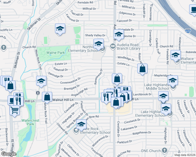 map of restaurants, bars, coffee shops, grocery stores, and more near 9875 Audelia Road in Dallas