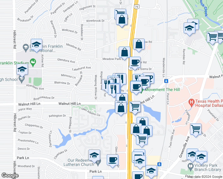 map of restaurants, bars, coffee shops, grocery stores, and more near 7949 Walnut Hill Lane in Dallas