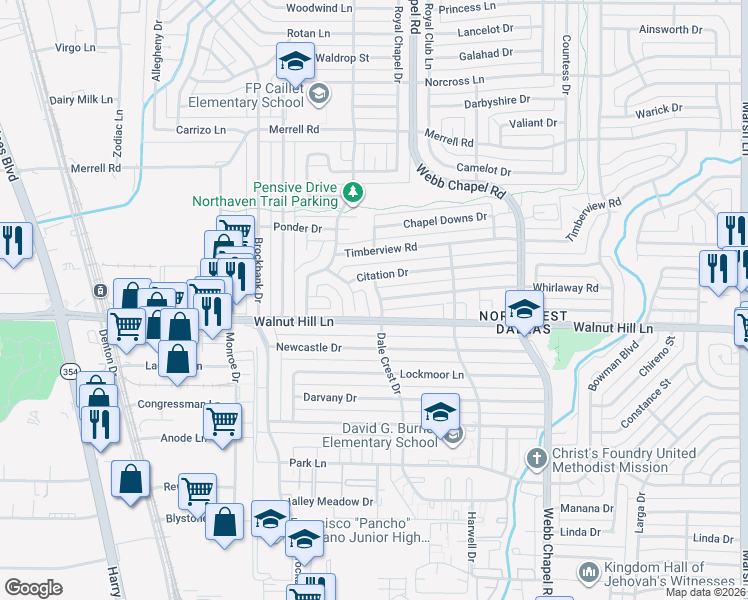 map of restaurants, bars, coffee shops, grocery stores, and more near 3108 Whirlaway Road in Dallas