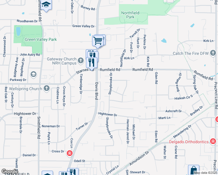 map of restaurants, bars, coffee shops, grocery stores, and more near 8417 Stonybrooke Court in Fort Worth