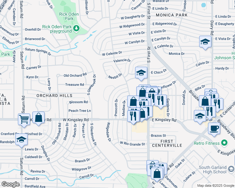 map of restaurants, bars, coffee shops, grocery stores, and more near 516 Prescott Drive in Garland