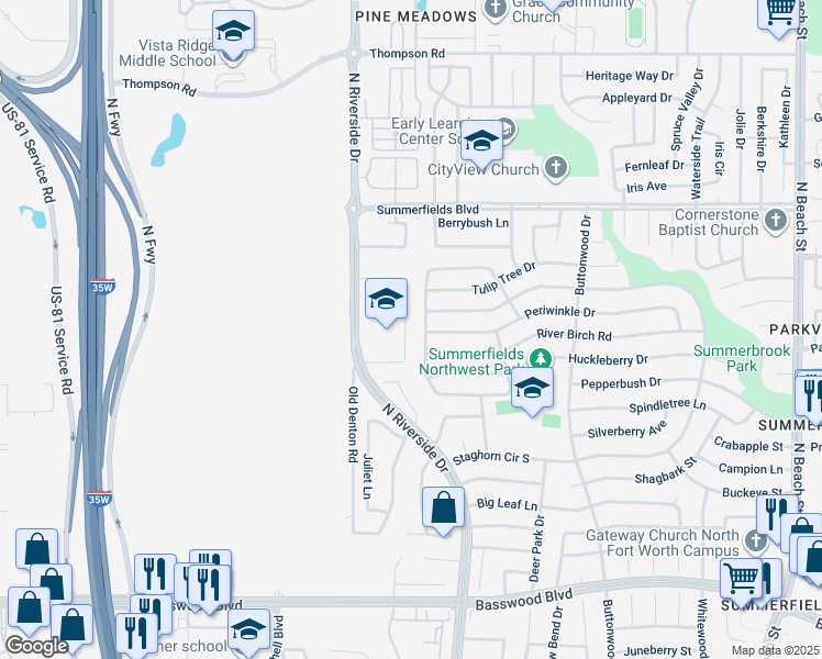 map of restaurants, bars, coffee shops, grocery stores, and more near 7500 Old Denton Road in Fort Worth