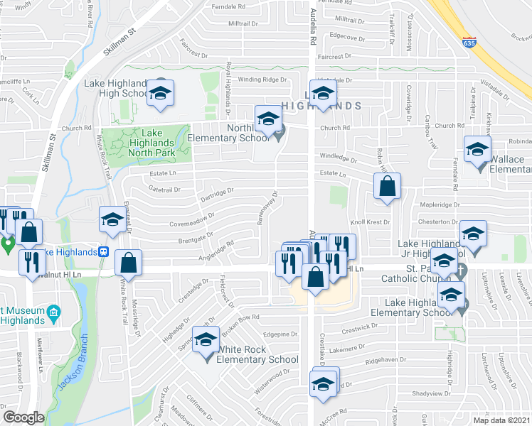 map of restaurants, bars, coffee shops, grocery stores, and more near 9875 Audelia Road in Dallas
