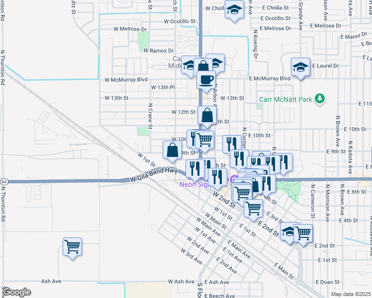 map of restaurants, bars, coffee shops, grocery stores, and more near 420 West 9th Street in Casa Grande