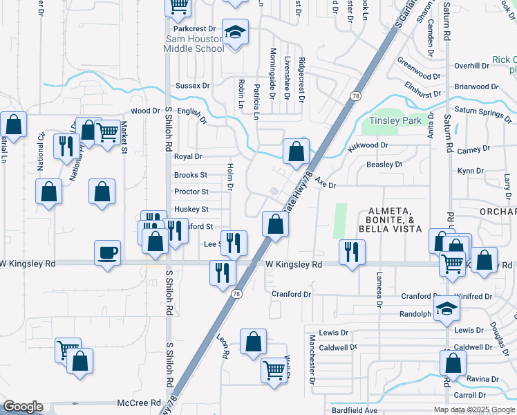 map of restaurants, bars, coffee shops, grocery stores, and more near 2813 Wimbledon Court in Garland