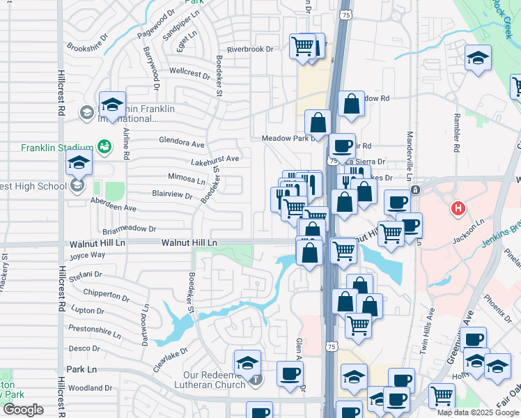 map of restaurants, bars, coffee shops, grocery stores, and more near 9803 Kingsway Avenue in Dallas
