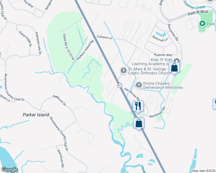 map of restaurants, bars, coffee shops, grocery stores, and more near 2828 Sunchaser Lane in Mount Pleasant