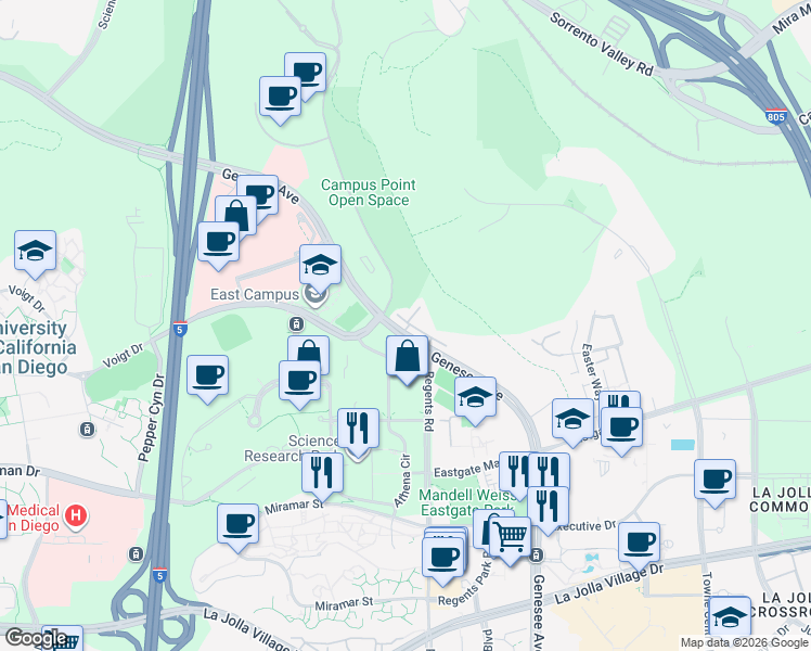 map of restaurants, bars, coffee shops, grocery stores, and more near 9813 Genesee Avenue in San Diego