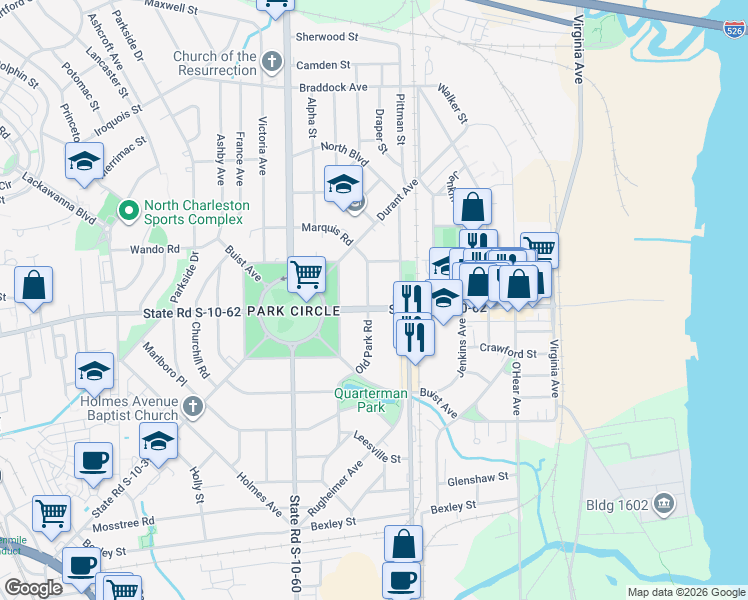 map of restaurants, bars, coffee shops, grocery stores, and more near 1136 East Montague Avenue in North Charleston