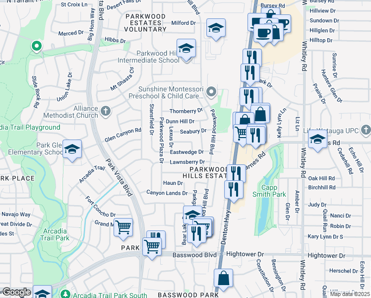 map of restaurants, bars, coffee shops, grocery stores, and more near 5552 Eastwedge Drive in Fort Worth