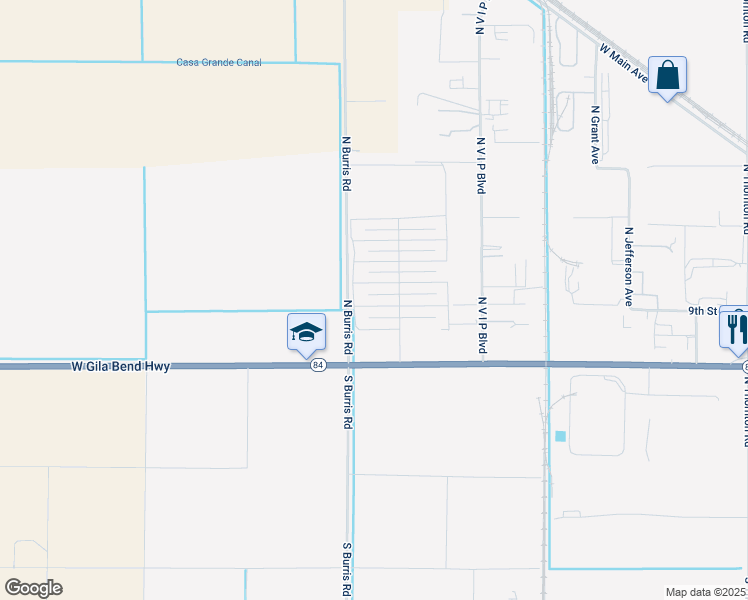 map of restaurants, bars, coffee shops, grocery stores, and more near 1386 West Rose Place in Casa Grande