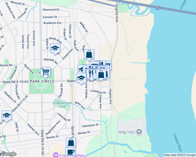 map of restaurants, bars, coffee shops, grocery stores, and more near in North Charleston