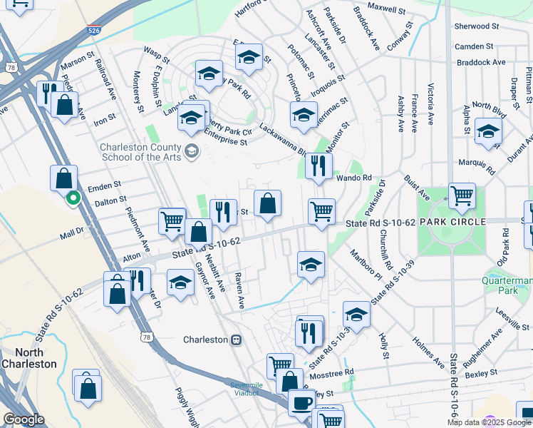 map of restaurants, bars, coffee shops, grocery stores, and more near 1614 East Montague Avenue in North Charleston