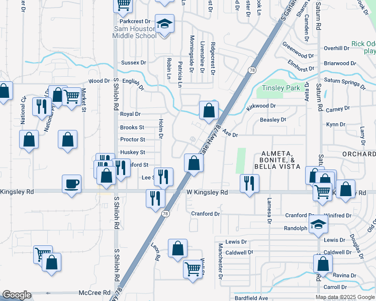map of restaurants, bars, coffee shops, grocery stores, and more near 2813 Wimbledon Court in Garland