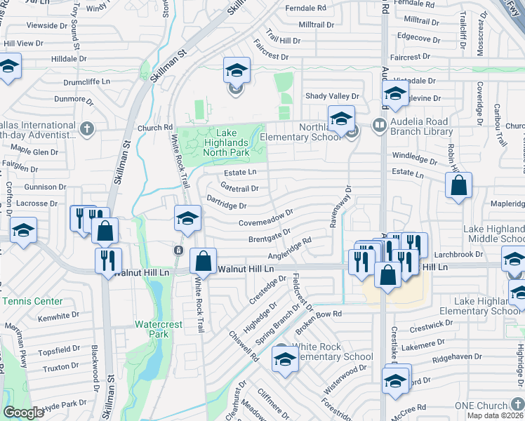 map of restaurants, bars, coffee shops, grocery stores, and more near 9511 Covemeadow Drive in Dallas