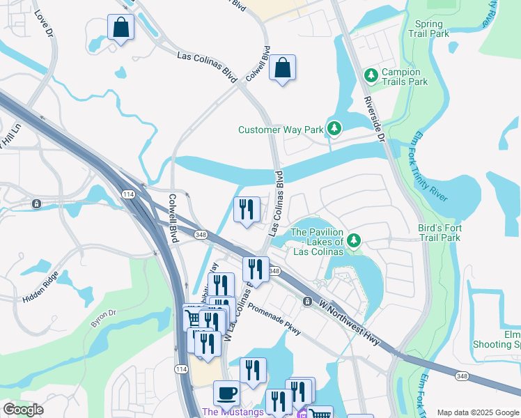 map of restaurants, bars, coffee shops, grocery stores, and more near 5353 Las Colinas Boulevard in Irving