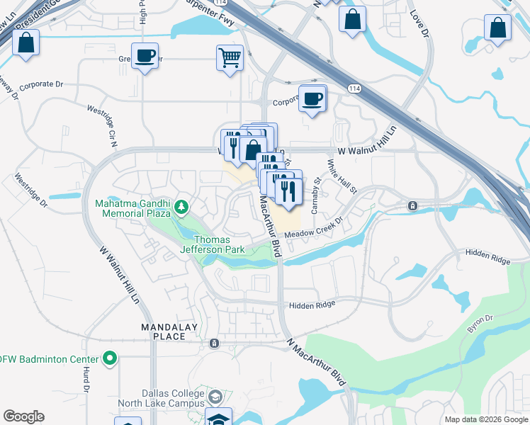 map of restaurants, bars, coffee shops, grocery stores, and more near 5343 North MacArthur Boulevard in Irving