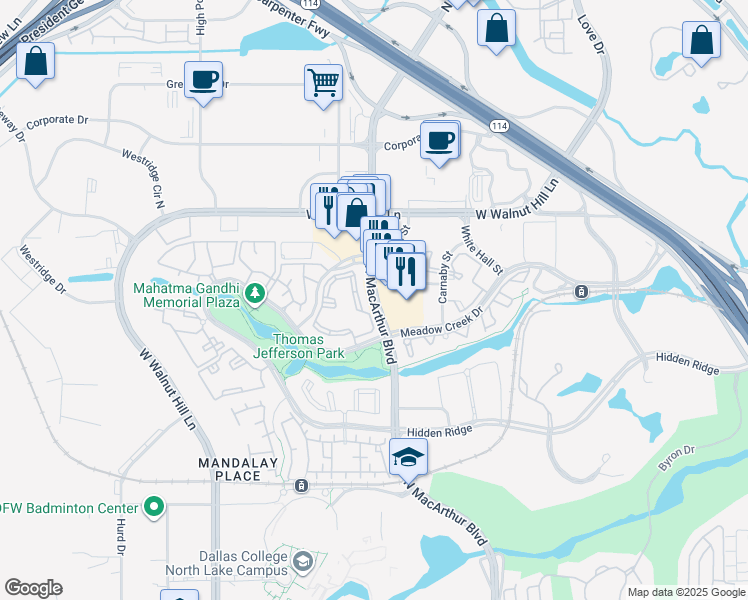 map of restaurants, bars, coffee shops, grocery stores, and more near 5343 North MacArthur Boulevard in Irving