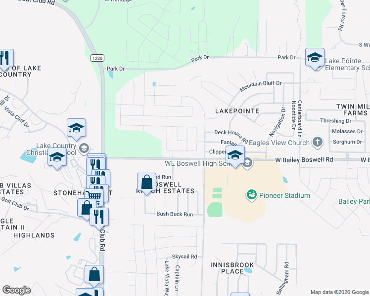 map of restaurants, bars, coffee shops, grocery stores, and more near 6128 General Store Way in Fort Worth